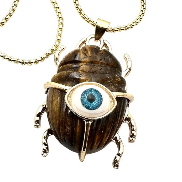 Evil Eye Necklace Tiger's Eye Gemstone Scarab Beetle Pendant Gold Plated - Picture 1 of 4